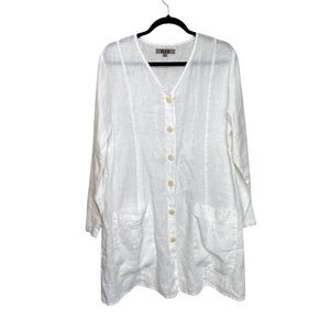 Flax Linen Lagenlook Button Front Long Tunic Blouse Ivory M